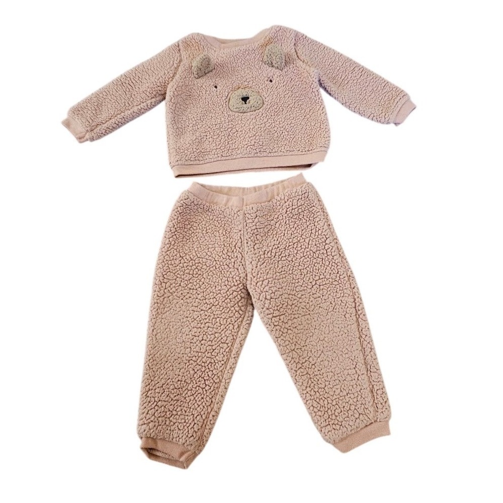 Carters Baby Girls 12M Pink Sherpa Fleece Bear 2-Piece Top and Pants Set